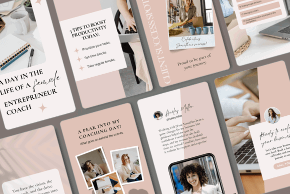 10 Instagram Stories Templates for Business Coaches That Build Trust 27 Collage of Instagram Stories templates for business coaches featuring coaching tips and client testimonials.