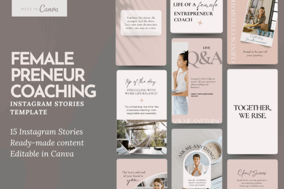 10 Instagram Stories Templates for Business Coaches That Build Trust 26 Instagram Stories template for female entrepreneurs featuring coaching tips and Q&A sections.