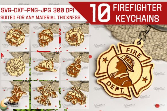 99+ Laser Cut Wood Projects To Sell From Home 61 Set of 10 firefighter-themed laser cut wood keychains featuring various designs.