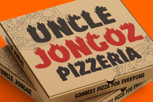 70+ Food Logo Fonts for Restaurants, Cafes, and Food Brands 85 Pizza box design featuring bold typography for Uncle Jongoz Pizzeria.