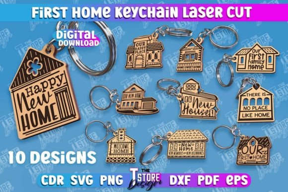 99+ Laser Cut Wood Projects To Sell From Home 300 Collection of laser cut keychains featuring house designs with phrases like 'Happy New Home' and 'First Family Home'.