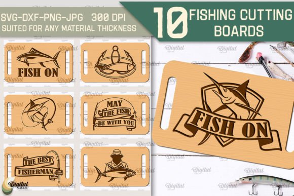 99+ Laser Cut Wood Projects To Sell From Home 346 Set of laser cut wood fishing cutting boards with various designs and phrases.