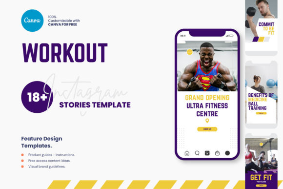 12 Instagram Stories Templates for Small Businesses That Save Time 16 Fitness Instagram Story Template showcasing workout themes and promotional content for a fitness center.