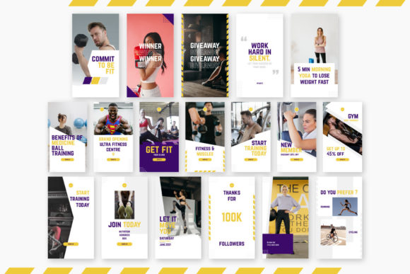 12 Instagram Stories Templates for Small Businesses That Save Time 17 Fitness Instagram Story templates featuring motivational phrases and images of fitness activities.