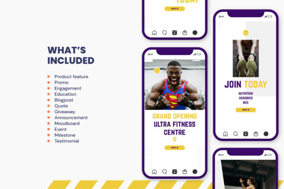 12 Instagram Stories Templates for Small Businesses That Save Time 18 Fitness Instagram Story Template showcasing various layouts for promotions and engagement.