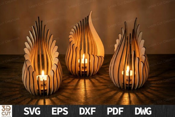 99+ Laser Cut Wood Projects To Sell From Home 403 Three elegant laser cut wood candle holders with a flame inside, showcasing intricate designs.
