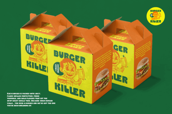 70+ Food Logo Fonts for Restaurants, Cafes, and Food Brands 189 Three burger takeout boxes with bold graphics and playful design.