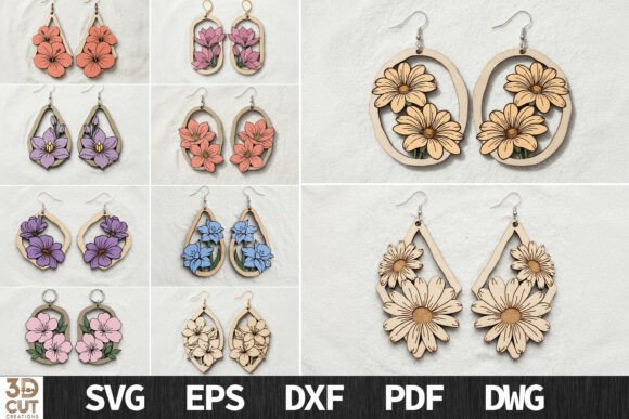 99+ Laser Cut Wood Projects To Sell From Home 111 Laser cut wooden earrings in various floral designs and colors, showcasing unique craftsmanship.