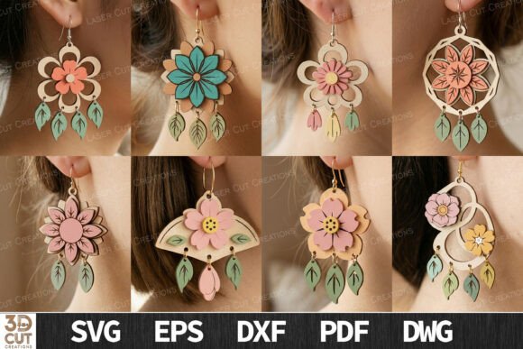 Easy Laser Cut Wood Projects To Sell On Etsy 20 Colorful floral laser cut earrings displayed on a model's ears, showcasing various designs and styles.