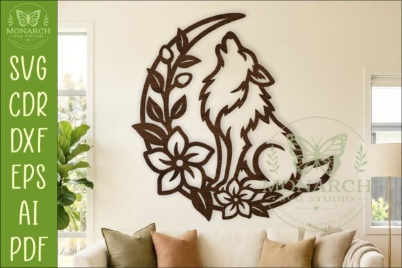15 Laser Cut Wall Art Files for Wood and Acrylic 5 Laser cut wall art featuring a wolf howling at the moon surrounded by floral elements.