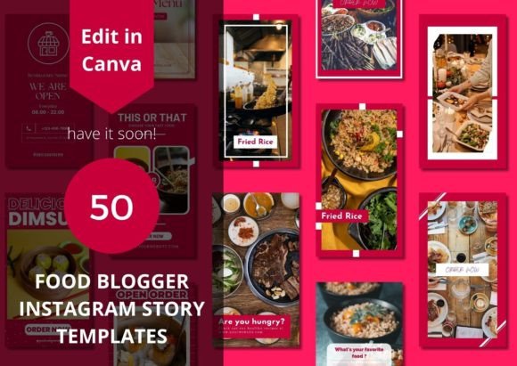 17 Instagram Story Templates for Small Businesses That Boost Engagement 26 Collection of food blogger Instagram Story templates featuring dishes and engaging text prompts.