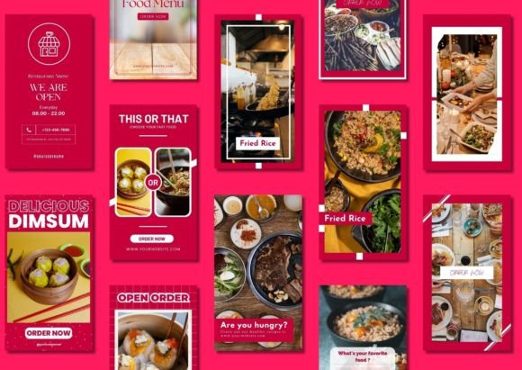 17 Instagram Story Templates for Small Businesses That Boost Engagement 27 A collection of vibrant Instagram Story templates featuring food items and restaurant promotions.