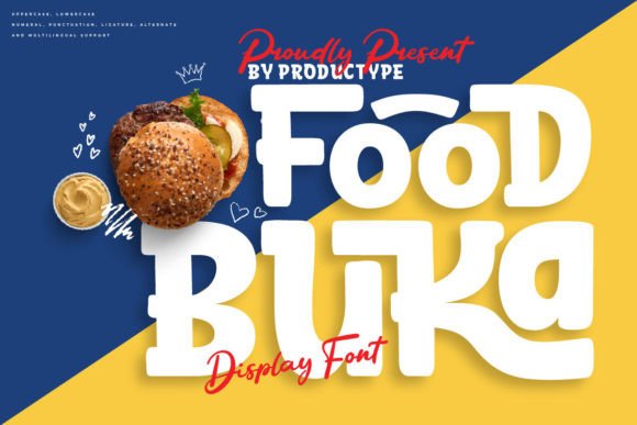 70+ Food Logo Fonts for Restaurants, Cafes, and Food Brands 14 Food Buka display font with a burger and fries on a colorful background.