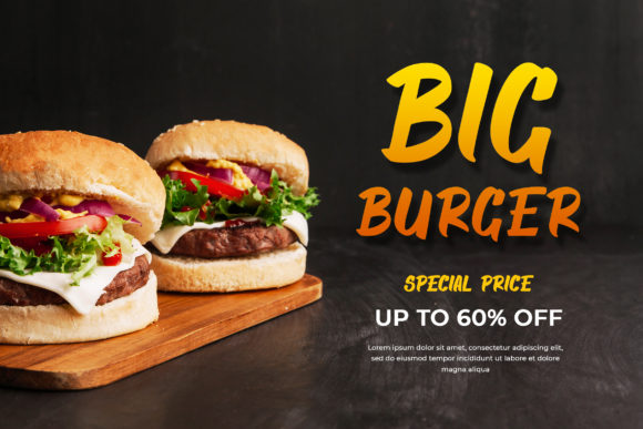 70+ Food Logo Fonts for Restaurants, Cafes, and Food Brands 57 Two delicious burgers with fresh ingredients on a wooden board.