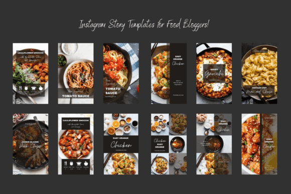 12 Instagram Stories Templates for Small Businesses That Save Time 28 Collection of Instagram Story templates for food bloggers featuring various dishes and recipes.