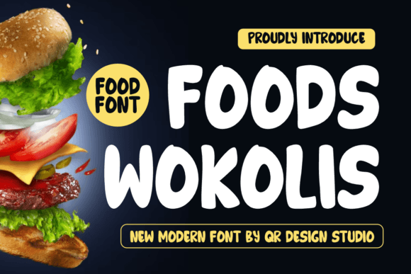 70+ Food Logo Fonts for Restaurants, Cafes, and Food Brands 109 Food logo font showcasing the name 'Foods Wokolis' with a burger illustration.
