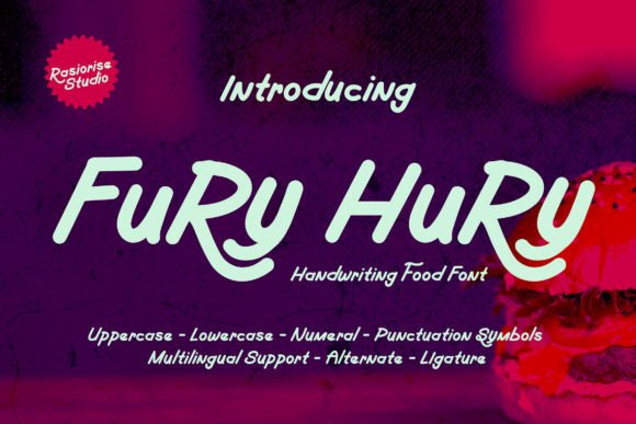 70+ Food Logo Fonts for Restaurants, Cafes, and Food Brands 119 Fury Hury handwritten font showcasing uppercase and lowercase letters with a colorful background.