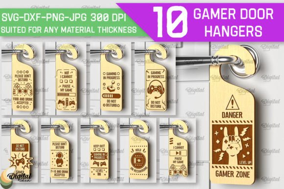 99+ Laser Cut Wood Projects To Sell From Home 414 Set of 10 laser cut wooden gamer door hangers with various designs and messages.