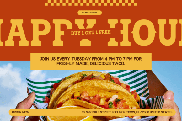 70+ Food Logo Fonts for Restaurants, Cafes, and Food Brands 26 Colorful promotional graphic for a taco happy hour event with tacos and text.