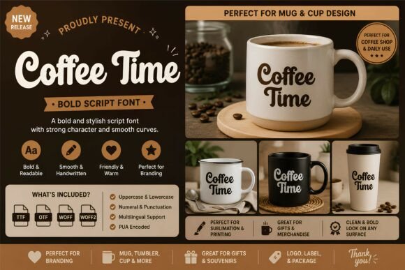 70+ Food Logo Fonts for Restaurants, Cafes, and Food Brands 172 Coffee Time bold script font design for mugs and cups.