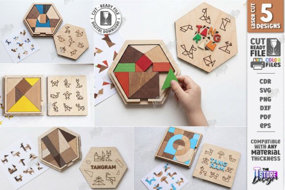 99+ Laser Cut Wood Projects To Sell From Home 323 Educational kids puzzle laser cut bundle featuring colorful geometric shapes and a hand assembling the pieces.