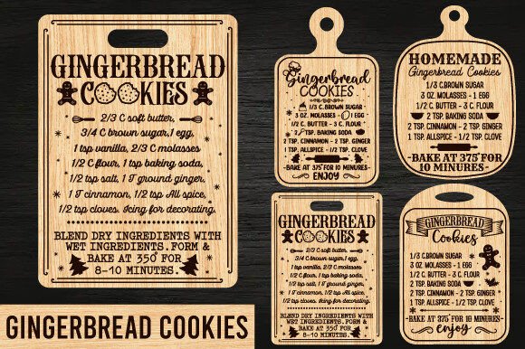 99+ Laser Cut Wood Projects To Sell From Home 339 Laser cut wood recipe cutting board for gingerbread cookies with detailed instructions and decorative elements.