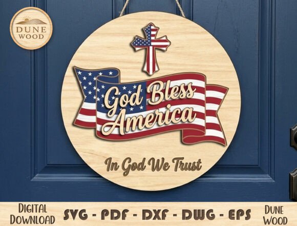 99+ Laser Cut Wood Projects To Sell From Home 169 Laser cut wood sign featuring 'God Bless America' with patriotic colors and a cross design.