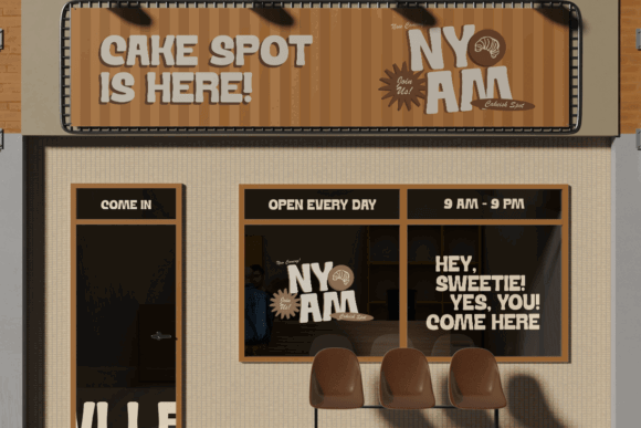 70+ Food Logo Fonts for Restaurants, Cafes, and Food Brands 54 A storefront with a sign reading 'NY AM Cake Spot' and inviting text.