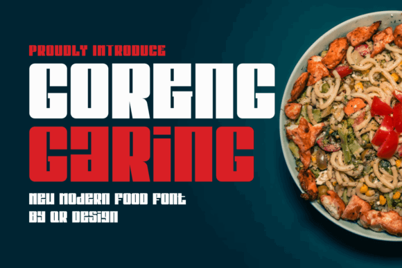 70+ Food Logo Fonts for Restaurants, Cafes, and Food Brands 83 Goreng Garing font displayed with a bowl of noodles and vegetables.