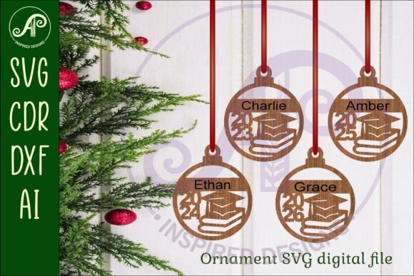 99+ Laser Cut Wood Projects To Sell From Home 283 Personalized laser cut wood ornaments with names and graduation year, hanging on a festive background.