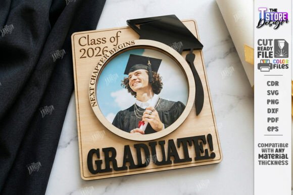 99+ Laser Cut Wood Projects To Sell From Home 276 Laser cut wood graduation frame with a cap and the text 'Graduate!'