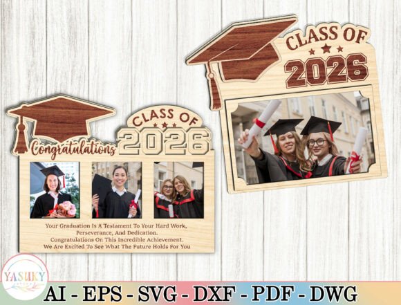 99+ Laser Cut Wood Projects To Sell From Home 274 Graduation photo plaque design featuring a cap and scroll, celebrating the Class of 2026.
