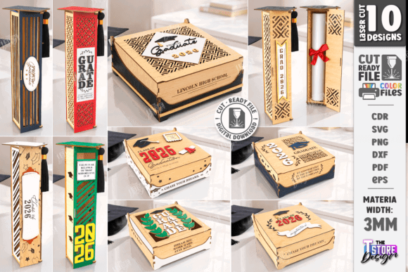 99+ Laser Cut Wood Projects To Sell From Home 477 Various laser cut wooden boxes with intricate designs and graduation themes.