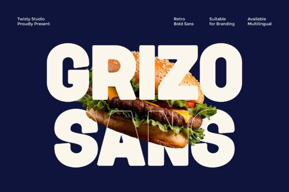 70+ Food Logo Fonts for Restaurants, Cafes, and Food Brands 16 Grizo Sans font displayed with a burger on a dark background, showcasing a bold and modern design.