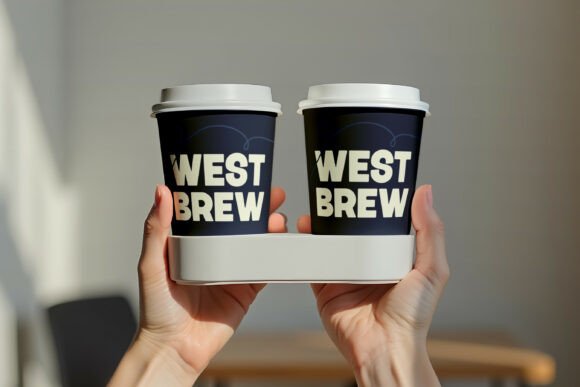 70+ Food Logo Fonts for Restaurants, Cafes, and Food Brands 183 Two coffee cups with the label 'WEST BREW' held in a cup holder.