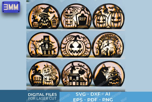 99+ Laser Cut Wood Projects To Sell From Home 401 Collection of laser cut wood Halloween decorations featuring pumpkins, ghosts, and haunted houses.