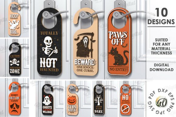 99+ Laser Cut Wood Projects To Sell From Home 409 Set of ten laser cut wood door hangers with various Halloween-themed designs and messages.