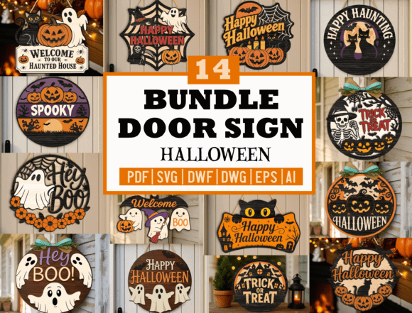 Easy Laser Cut Wood Projects To Sell On Etsy 66 A collection of 14 Halloween-themed door signs featuring various designs and messages.