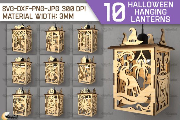 99+ Laser Cut Wood Projects To Sell From Home 384 Set of 10 laser cut wood Halloween hanging lanterns featuring various spooky designs.