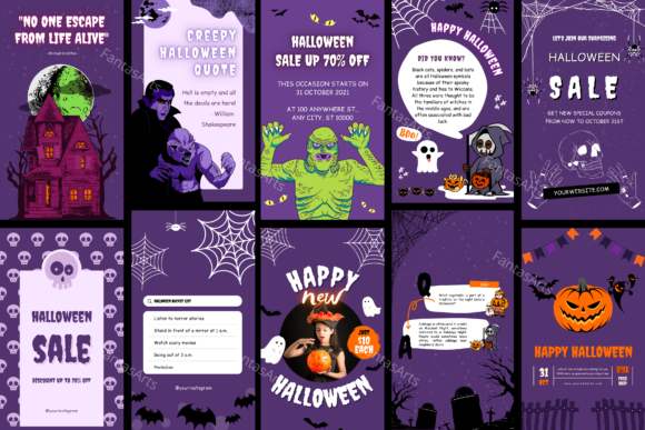 12 Instagram Stories Templates for Small Businesses That Save Time 5 Halloween Instagram Story Canva Template featuring spooky graphics and promotional text for a Halloween sale.