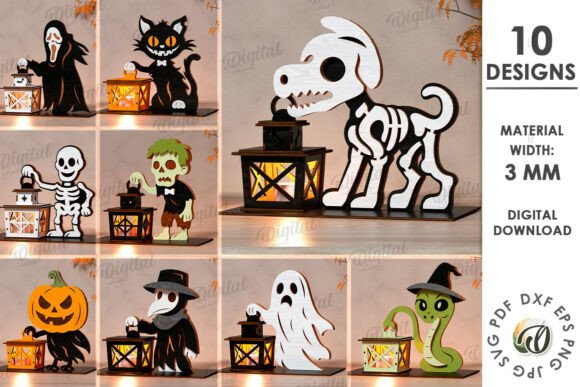 99+ Laser Cut Wood Projects To Sell From Home 386 Collection of laser cut wood lantern designs featuring Halloween themes like ghosts, skeletons, and pumpkins.