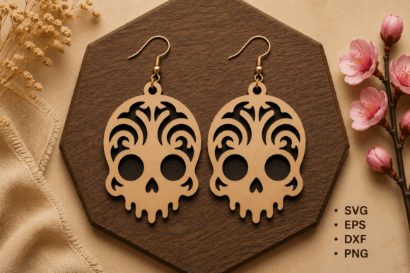 Easy Laser Cut Wood Projects To Sell On Etsy 64 Laser cut wooden skull earrings displayed on a hexagonal wooden surface with floral accents.