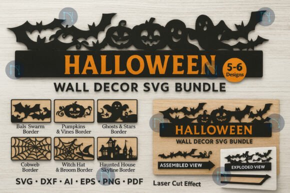 99+ Laser Cut Wood Projects To Sell From Home 422 Halloween wall decor SVG bundle featuring various spooky designs and a 'Halloween' sign.