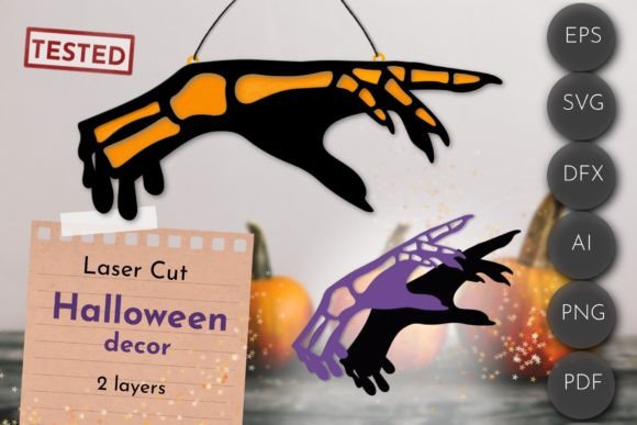 Laser Cut Products That Sell on Etsy and Make Money 31 Two-layer laser cut Halloween decor featuring a skeleton hand design in black and purple.