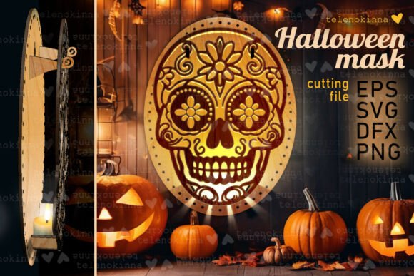 Laser Cut Products That Sell on Etsy and Make Money 33 Laser cut Halloween mask design with floral patterns and pumpkins in the background.