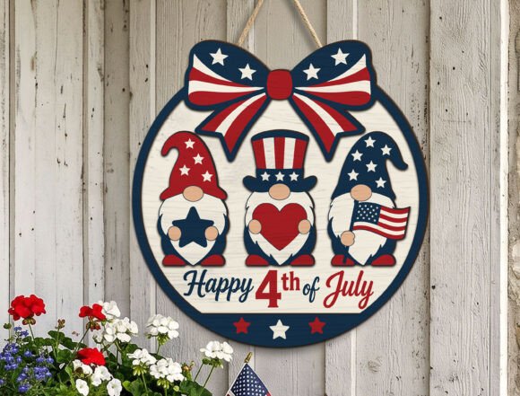 99+ Laser Cut Wood Projects To Sell From Home 173 Circular wooden sign featuring gnomes in patriotic attire for July 4th celebration.