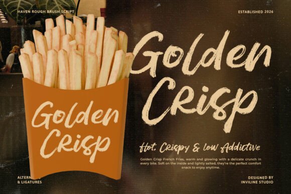 70+ Food Logo Fonts for Restaurants, Cafes, and Food Brands 182 Golden Crisp logo with fries in a container, showcasing a handwritten font style.