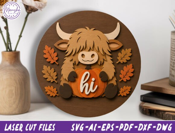 Easy Laser Cut Wood Projects To Sell On Etsy 35 Laser cut wood wall decor featuring a cute highland cow with a pumpkin and autumn leaves.