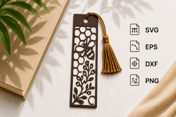 99+ Laser Cut Wood Projects To Sell From Home 84 Laser cut wood bookmark with bee and floral design, featuring file format icons for SVG, EPS, DXF, and PNG.