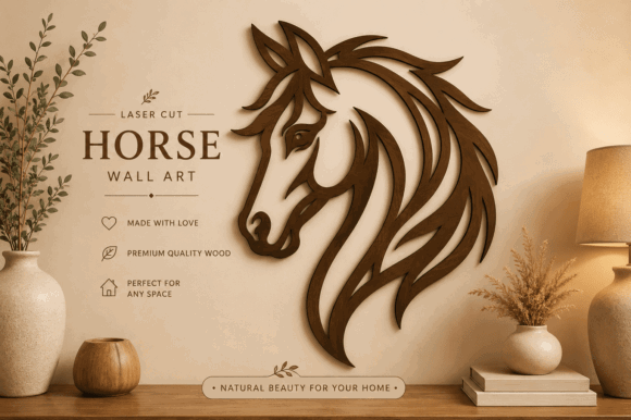 15 Laser Cut Wall Art Files for Wood and Acrylic 14 Laser cut wall art featuring a stylized horse head design in wood, suitable for home decor.
